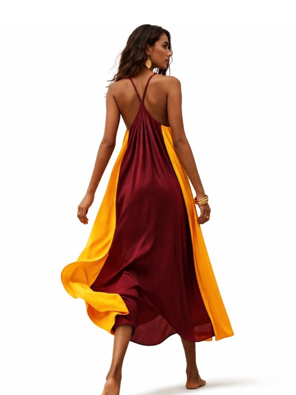 Banana Republic Colorblock Strappy Midi Dress in Burgundy and Mustard